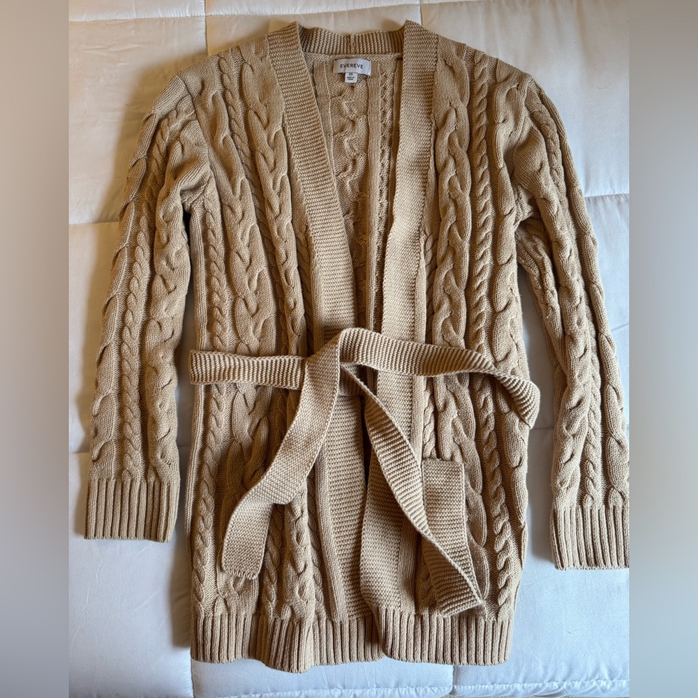 Evereve Tan Textured cable knit long cardigan w/belt